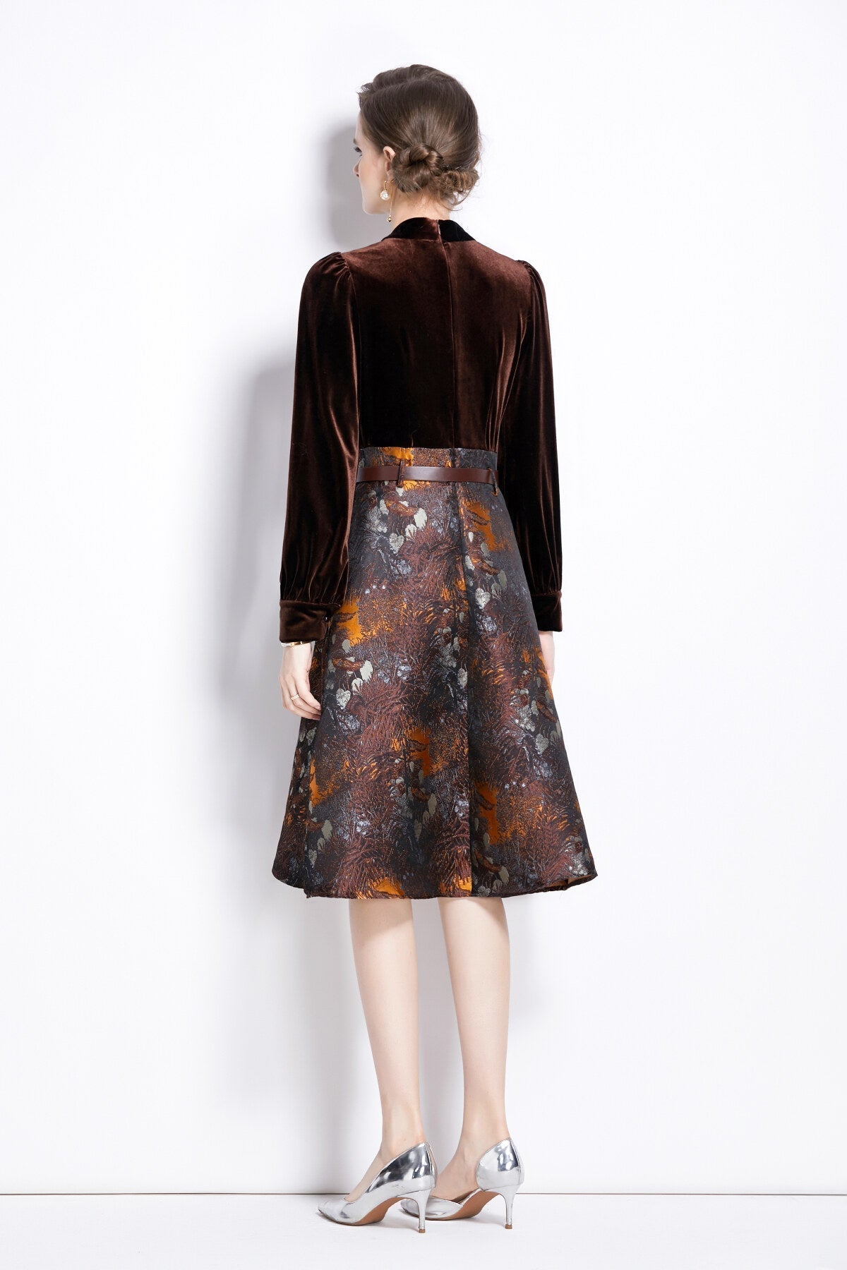 V Neck Velvet Patchwork Coffee Jacquard A Line Dress-3