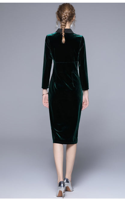 Velvet Green Slim Fit Midi Pencil Dress-3