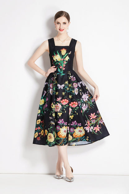 Vintage Black Floral High Waisted Spaghetti Strap Dress-1