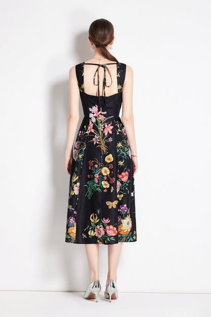Vintage Black Floral High Waisted Spaghetti Strap Dress-3