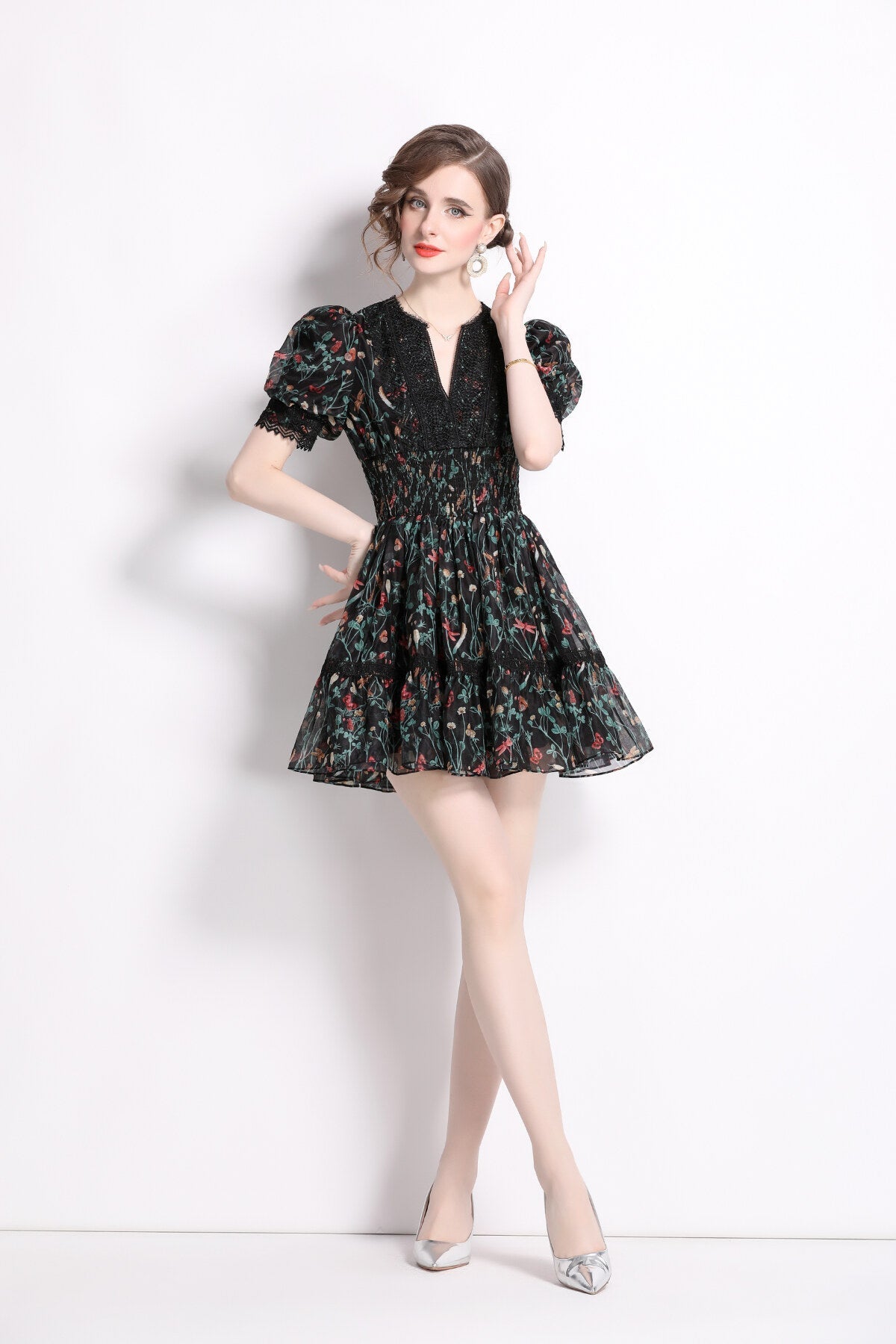 Vintage Floral V Neck Puff Sleeve Tea Dress-0