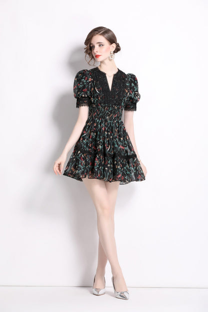 Vintage Floral V Neck Puff Sleeve Tea Dress-2
