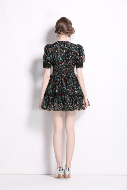 Vintage Floral V Neck Puff Sleeve Tea Dress-3