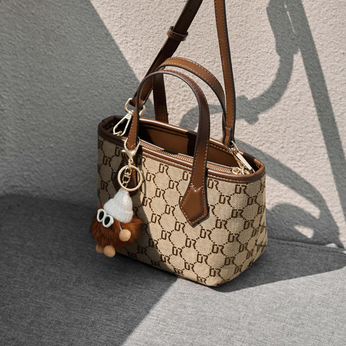 Vintage Patterned Khaki Top Handle Bag-3