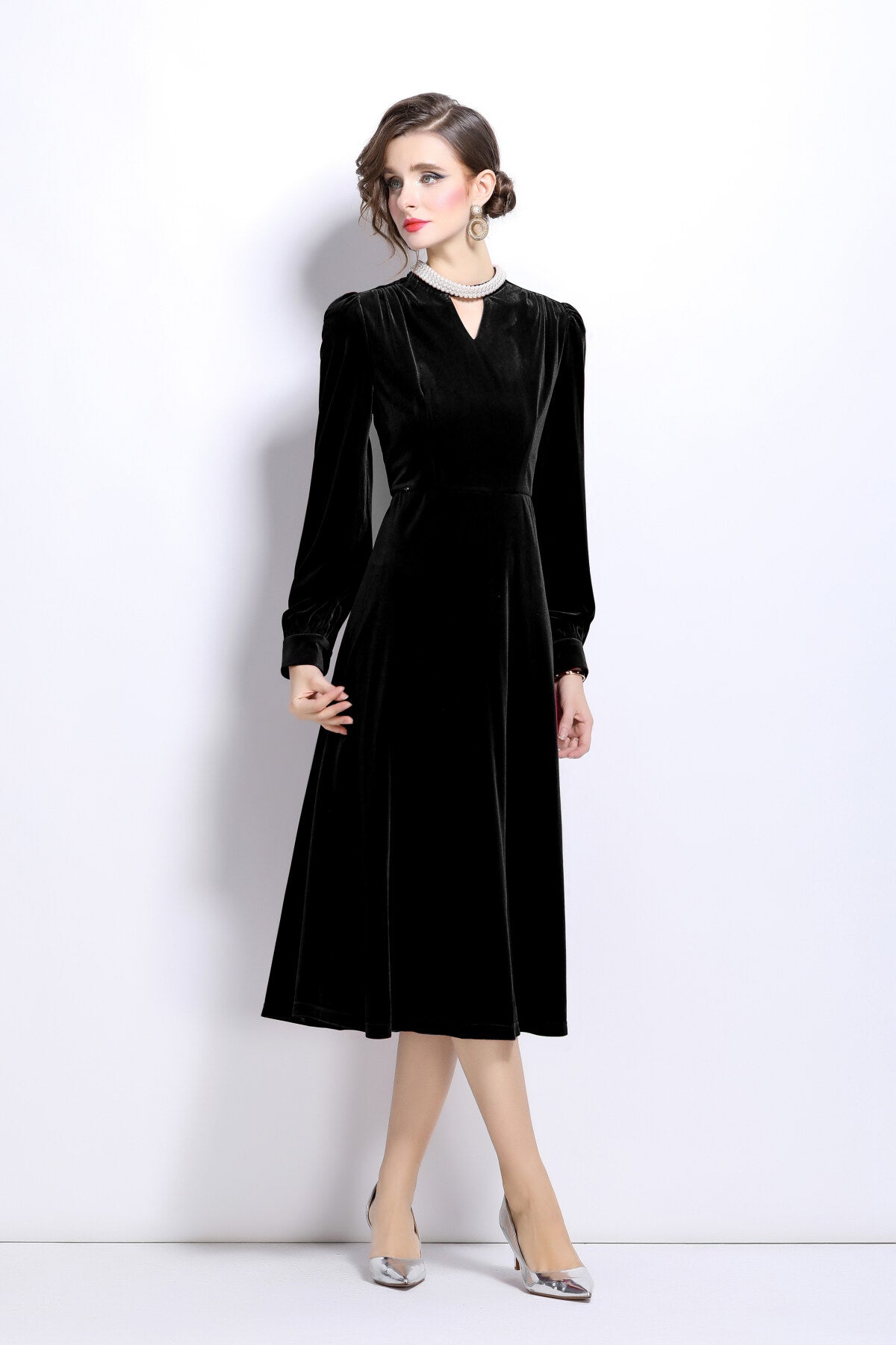 Vintage Pinhole Long Sleeve Velvet Gown-1