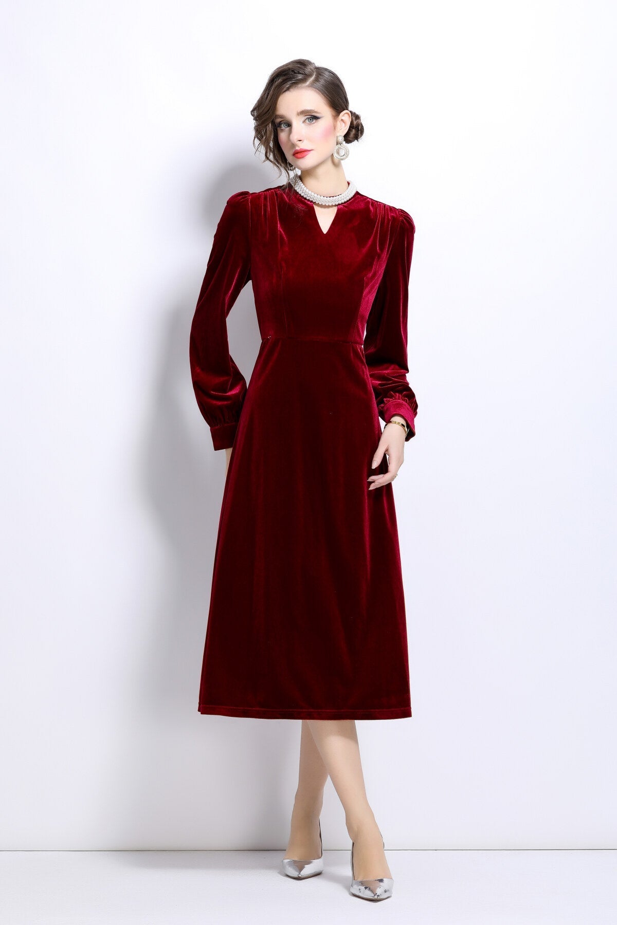 Vintage Pinhole Long Sleeve Velvet Gown-4