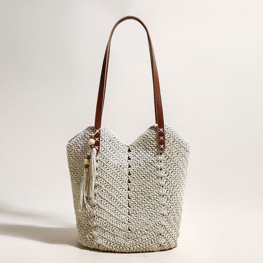 White Boho Chic Leather Strap Crochet Tote Bag-0