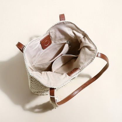 White Boho Chic Leather Strap Crochet Tote Bag-2