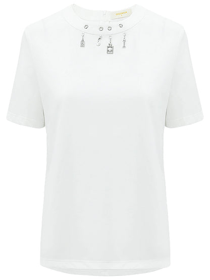 White Round Neck Tee with Embellished Charms-3