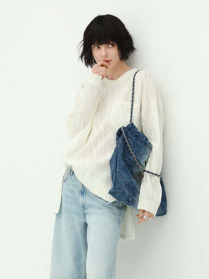 White Textured T Shirt-0