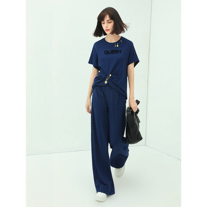 Wide Leg Checked Blue Knitted Pants-1