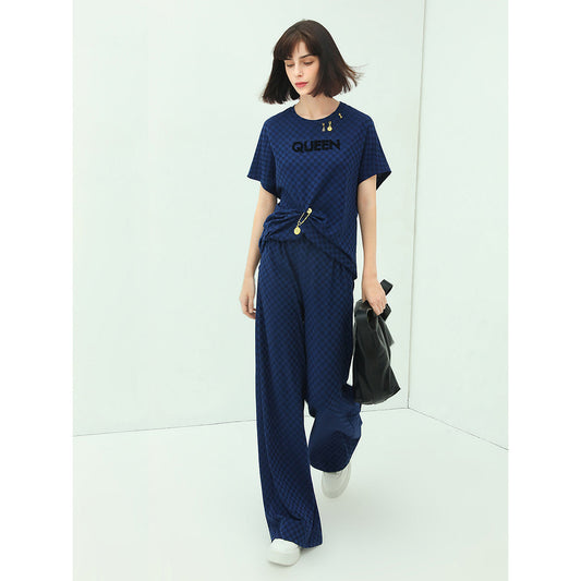 Wide Leg Checked Blue Knitted Pants-1