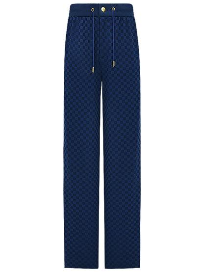 Wide Leg Checked Blue Knitted Pants-3