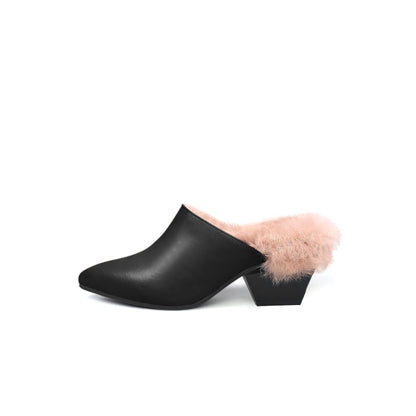 Winter Fur Lined Mules with Block Heels-0