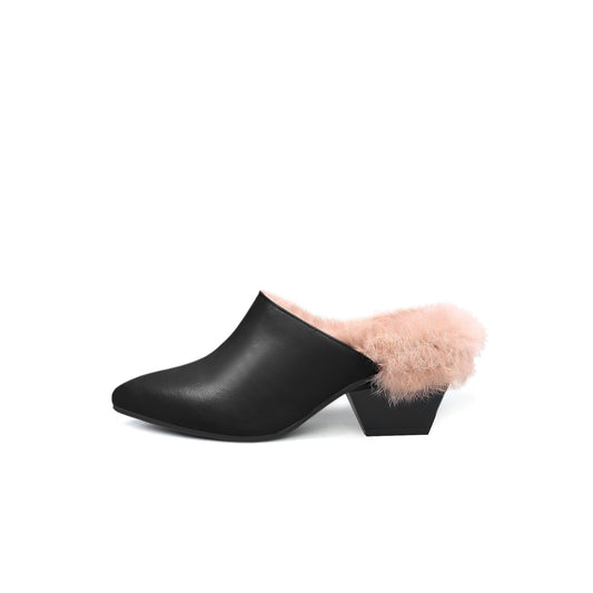 Winter Fur Lined Mules with Block Heels-0